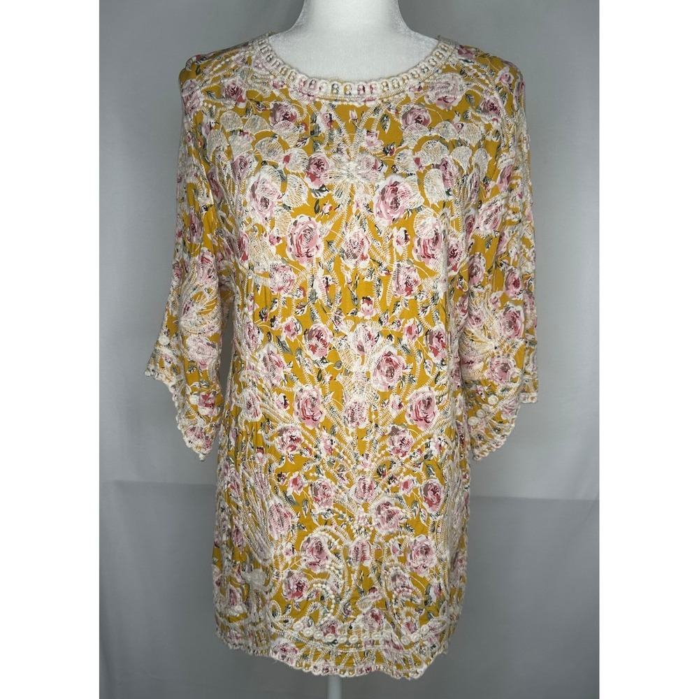 Solitaire Mustard Yellow Floral Embroidered Lace Trim Rayon Tunic Top Boho XL